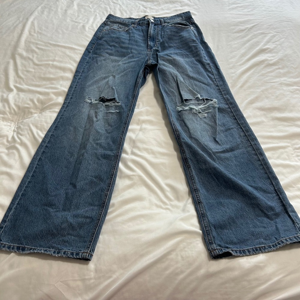 Simple Society Distressed Wide Leg Jeans Medium‎ Wash Ripped Knee Size 5/27